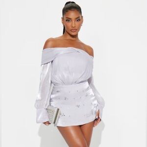 Elegant Off-Shoulder lavender mini dress with silver embellishments- NWT